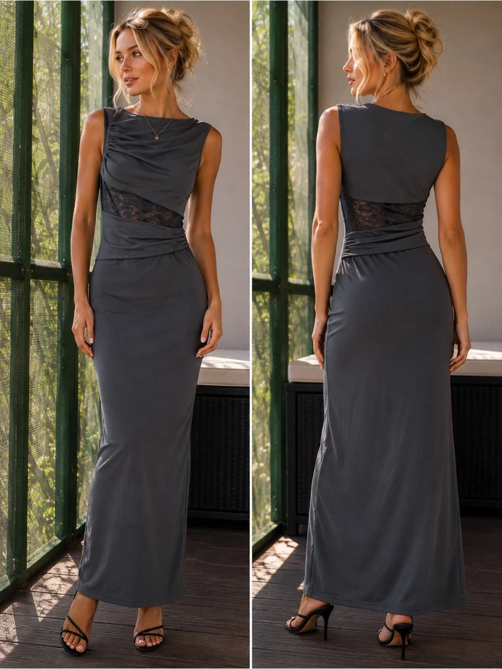 Sleeveless black Lace-Panel Maxi Dress